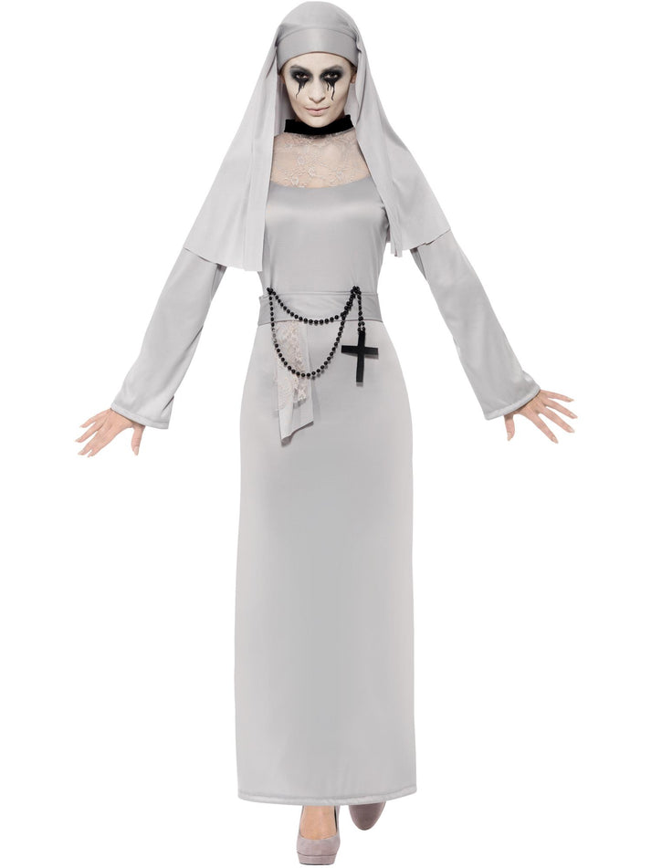 Gothic Nun Costume Adult Grey Habit Dress with Lace Top and Headpiece
