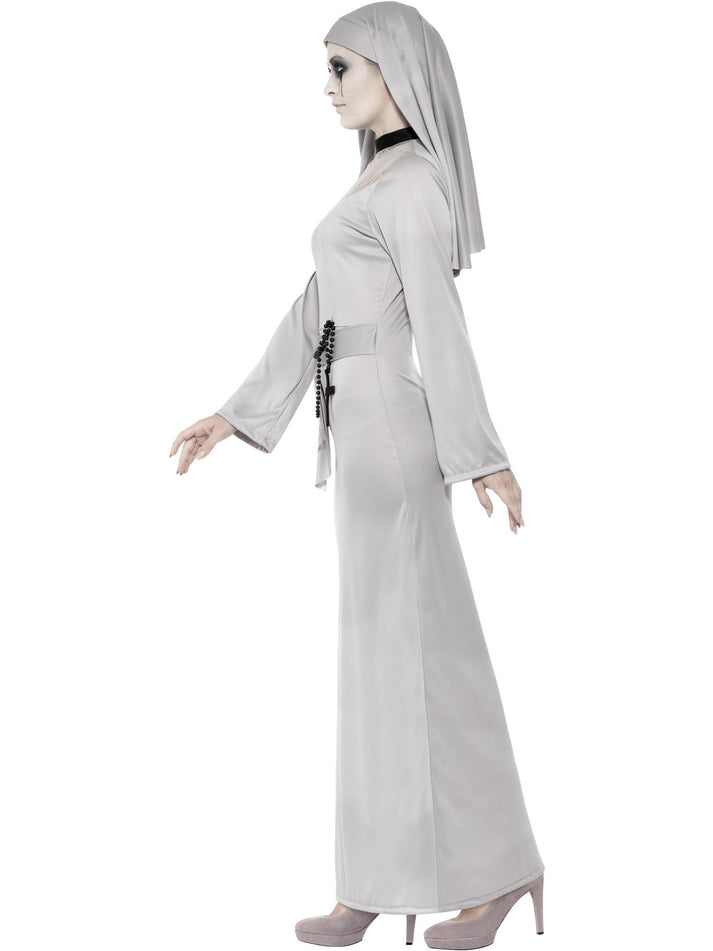 Gothic Nun Costume Adult Grey Habit Dress with Lace Top and Headpiece
