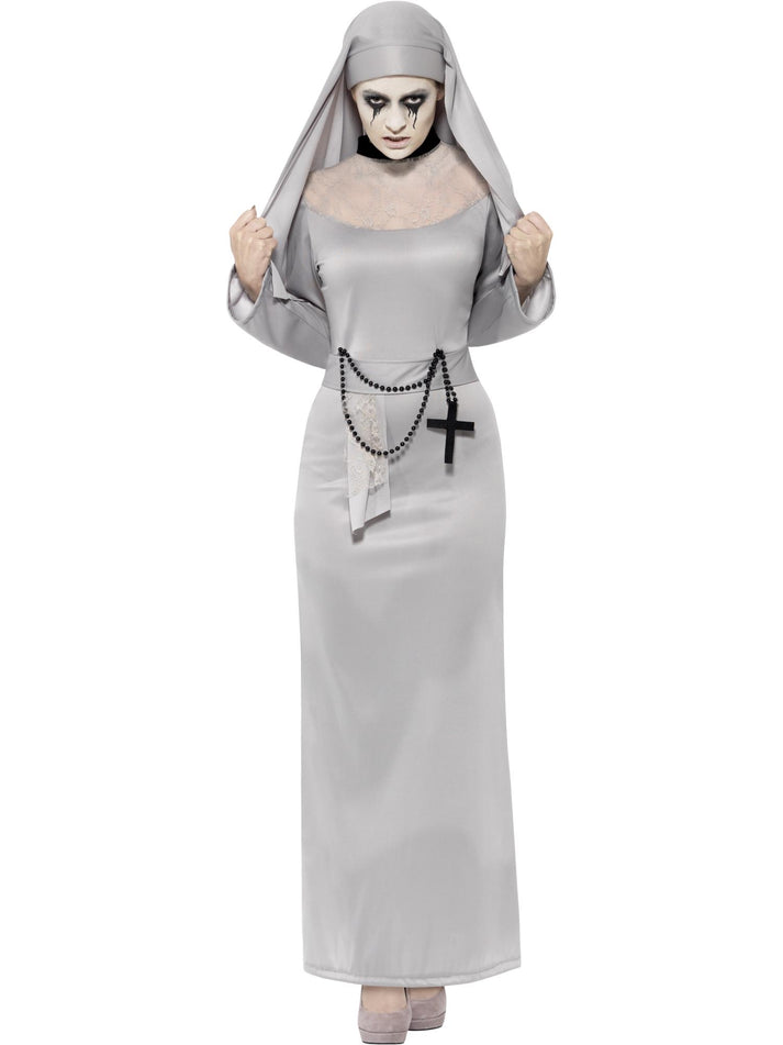 Gothic Nun Costume Adult Grey Habit Dress with Lace Top and Headpiece