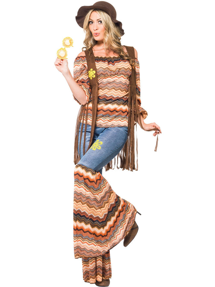 70s Harmony Hippie Costume Adult Multi Coloured Top Flares and Brown Fringe Waistcoat