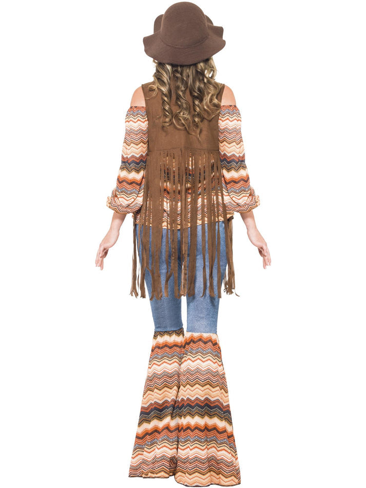 70s Harmony Hippie Costume Adult Multi Coloured Top Flares and Brown Fringe Waistcoat