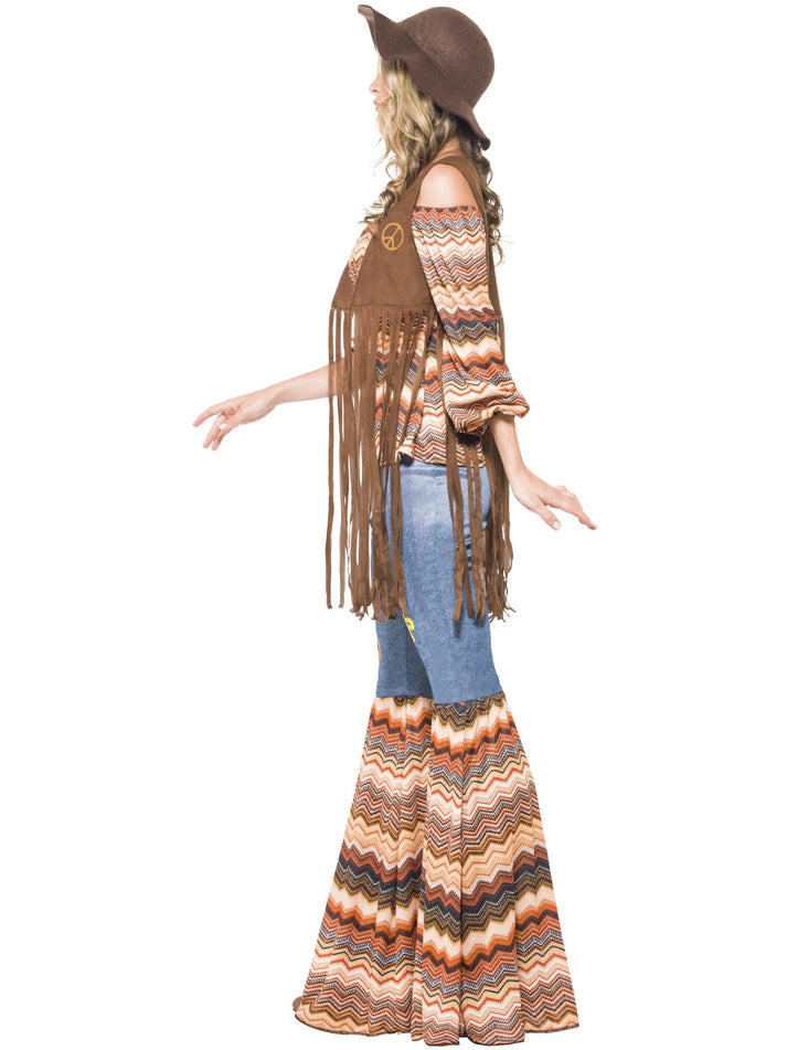 70s Harmony Hippie Costume Adult Multi Coloured Top Flares and Brown Fringe Waistcoat