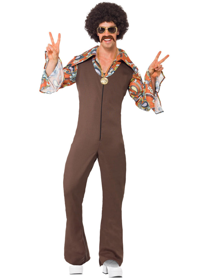 70s Groovy Boogie Costume Brown Jumpsuit with Attached Flowered Shirt