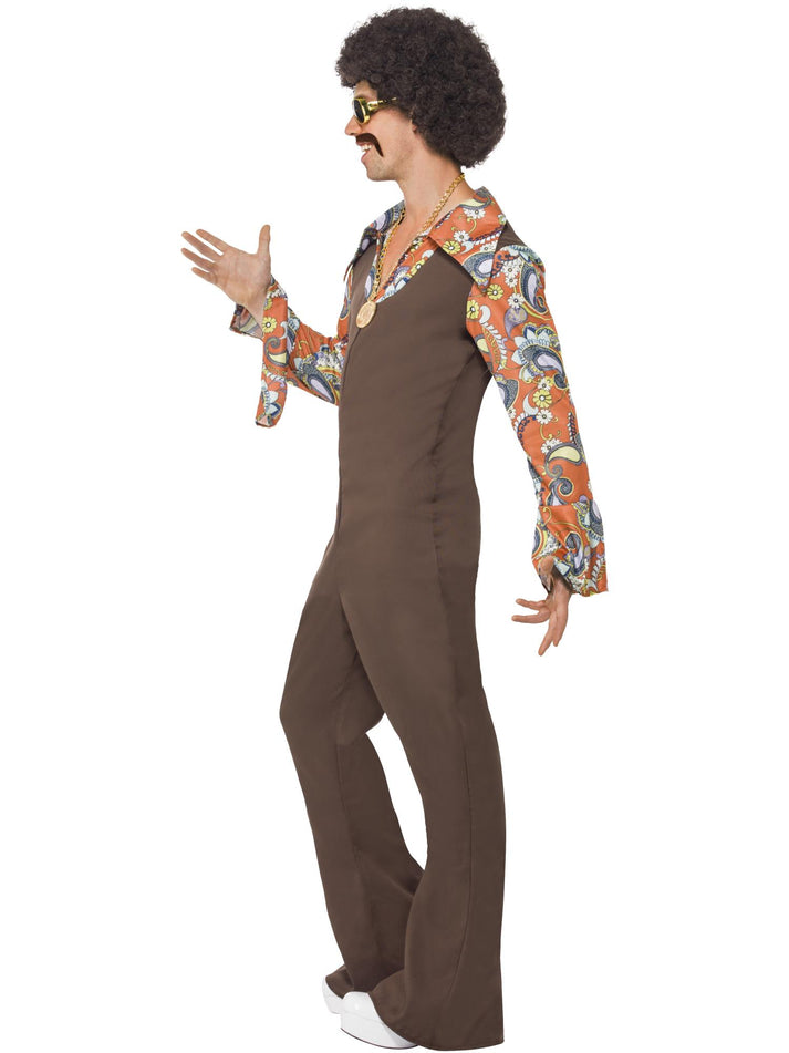 70s Groovy Boogie Costume Brown Jumpsuit with Attached Flowered Shirt