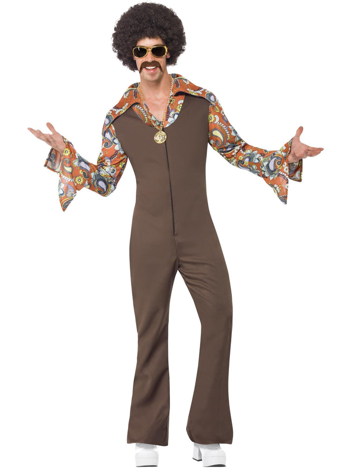 70s Groovy Boogie Costume Brown Jumpsuit with Attached Flowered Shirt