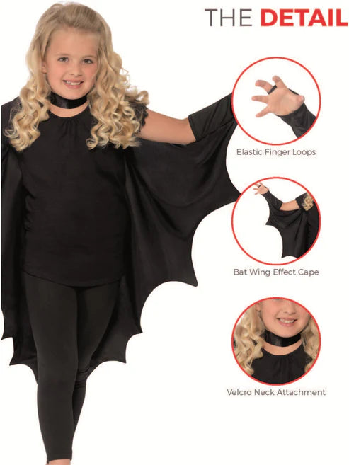 Kids Vampire Bat Wings Black High Collar with Attached Gloves Velcro Neck