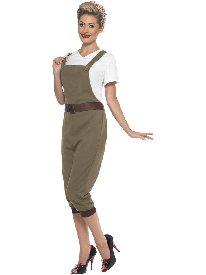 WW2 Land Girl Costume Adult Khaki Dungarees White Top and Multi Coloured Headscarf