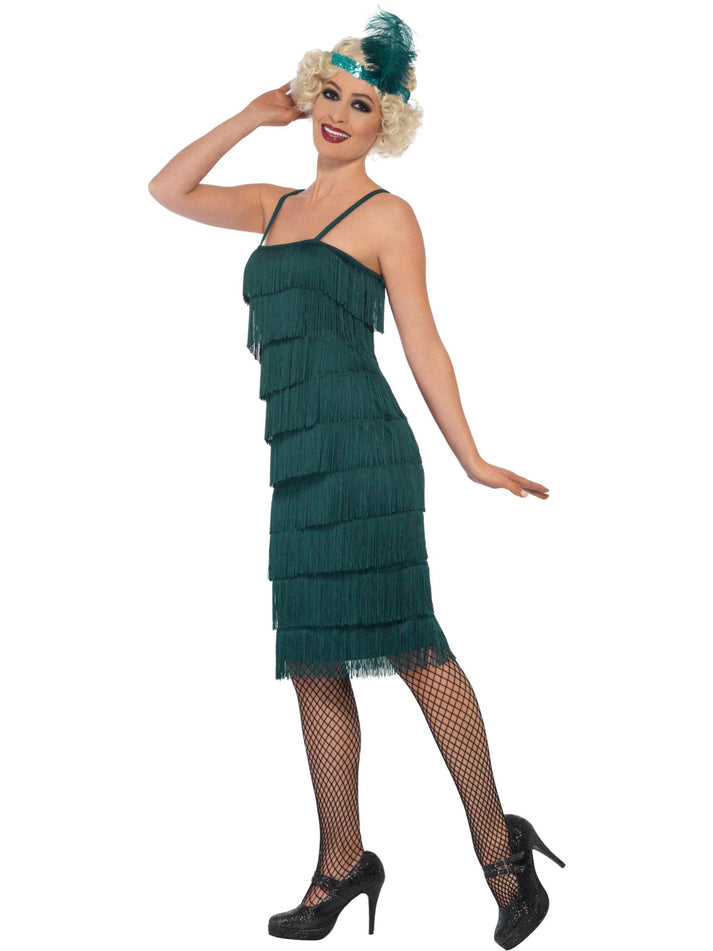 Flapper Costume Long Green Dress Headband and Gloves