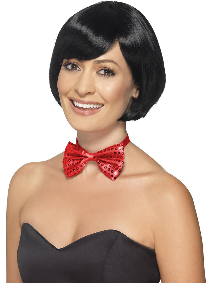 Red Sequin Clip On Bow Tie Adult Costume Accessory
