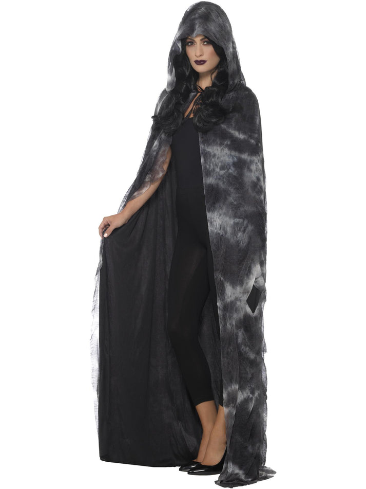 Deluxe Spellbound Decayed Hooded Cape Adult Black Grey Tie Die Horror Costume Accessory