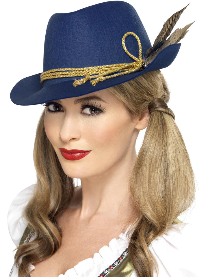 Authentic Bavarian Oktoberfest Hat Adult Blue with Feather Costume Accessory