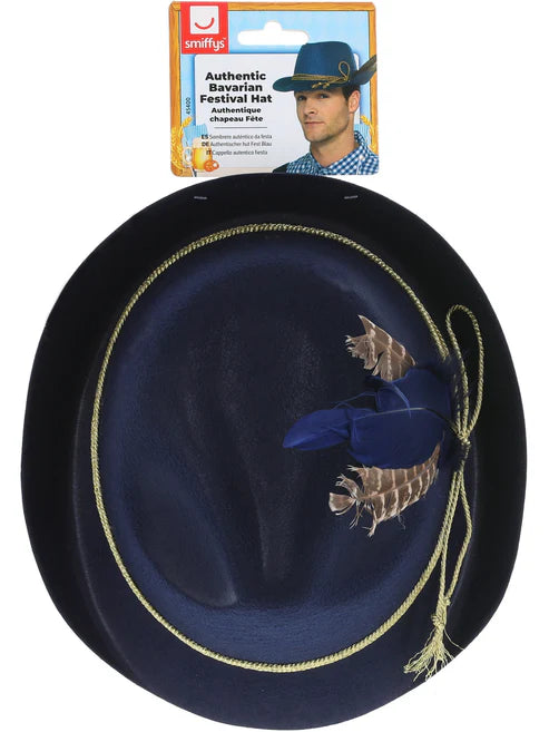 Authentic Bavarian Oktoberfest Hat Adult Blue with Feather Costume Accessory