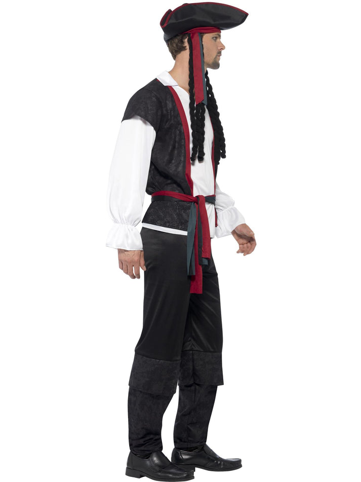 Aye Aye Pirate Captain Costume Adult Black Trousers Top Sash Hat with Hair
