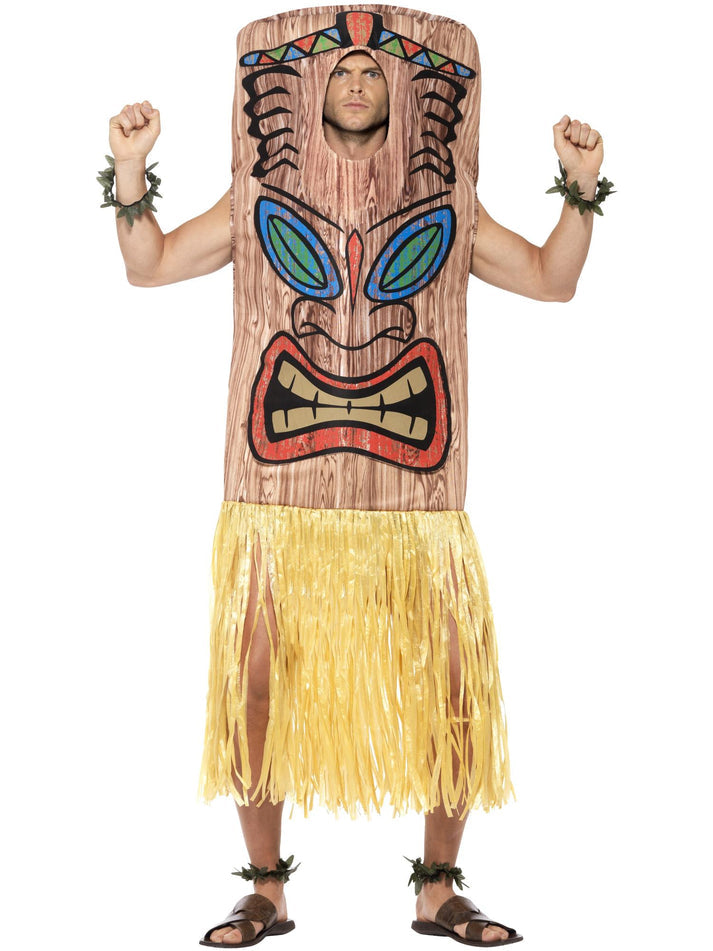 Tiki Totem Costume Adult Brown Tabard with Attached Yellow Skirt Wrist and Ankle Cuffs
