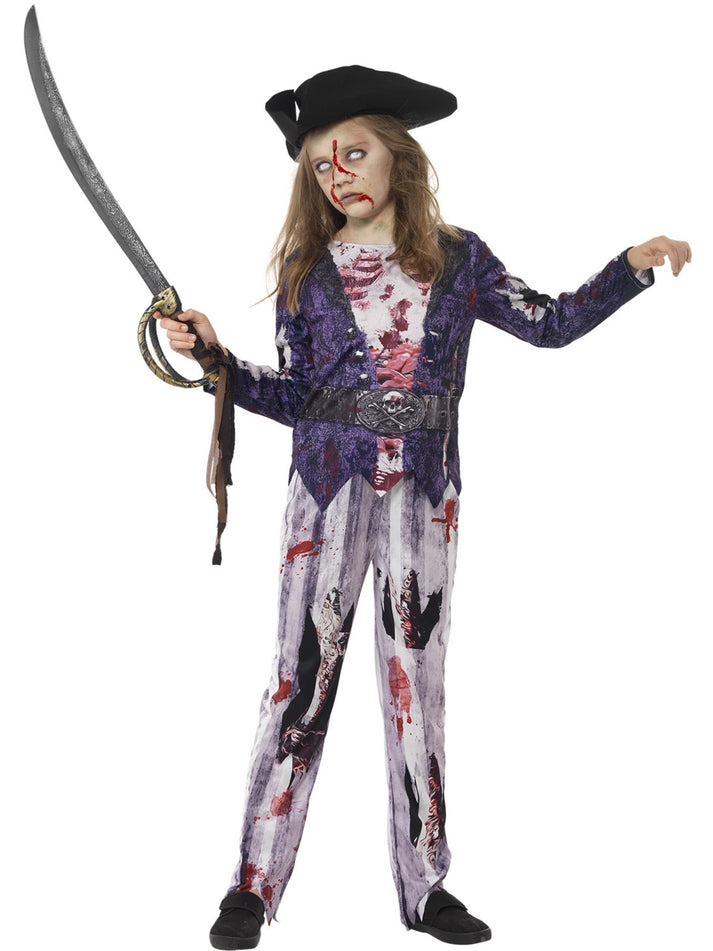 Deluxe Jolly Rotten Pirate Girl Costume Kids Sublimation Print Blue Top Trousers and Hat
