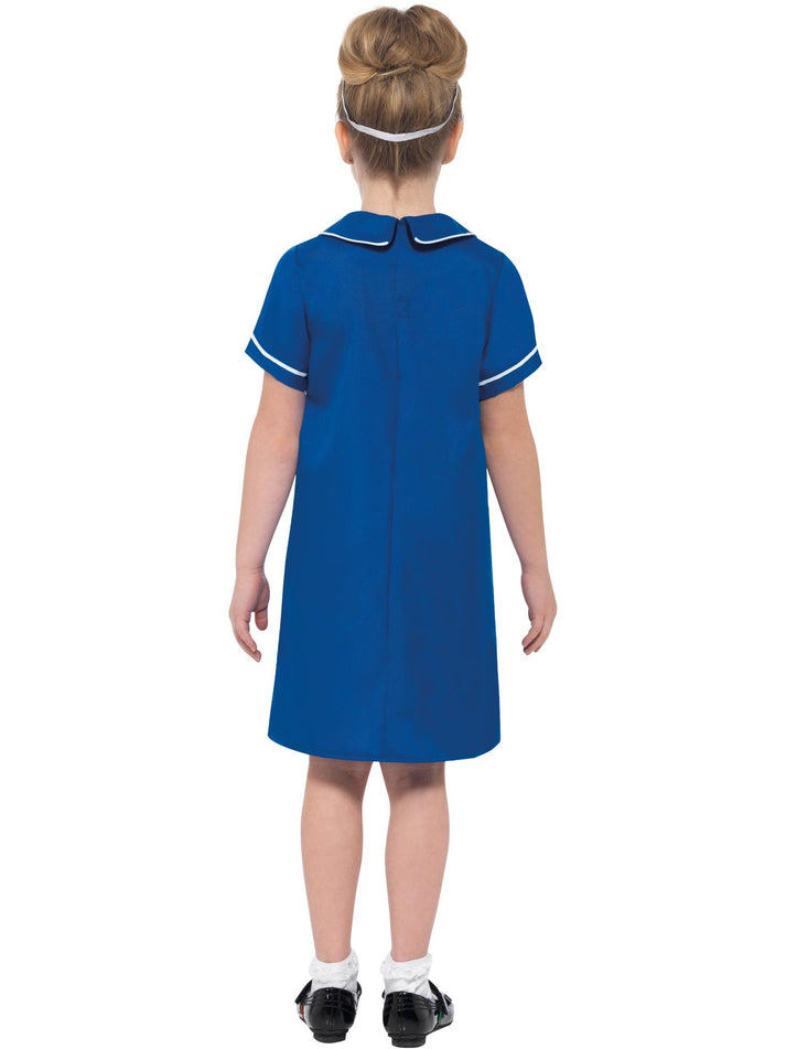 Nurse Costume Kids Blue Dress with Printed Watch and Apron and Headpiece