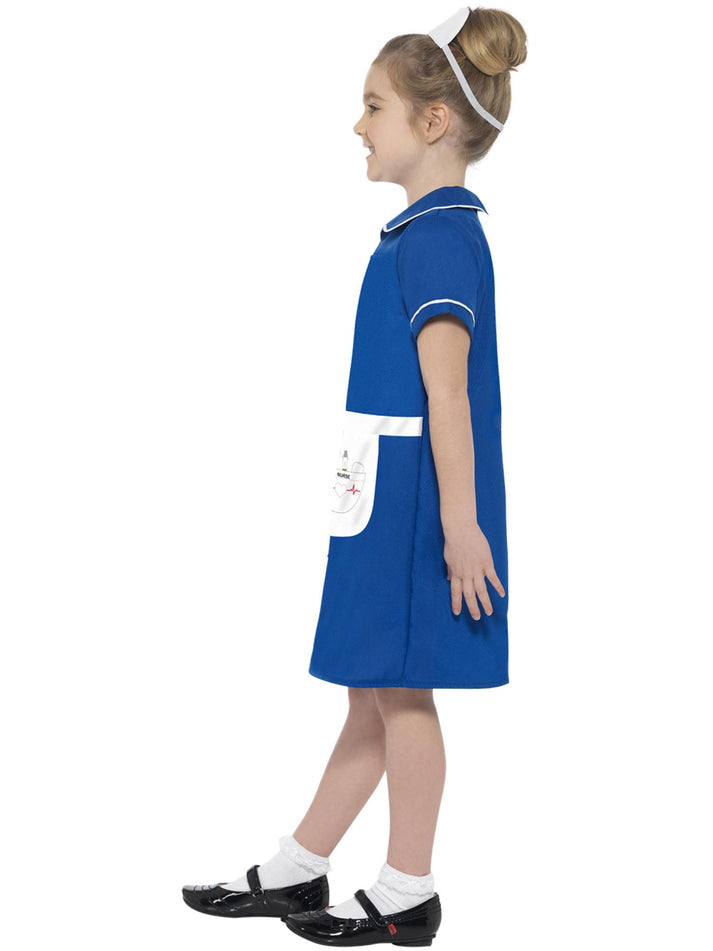 Nurse Costume Kids Blue Dress with Printed Watch and Apron and Headpiece