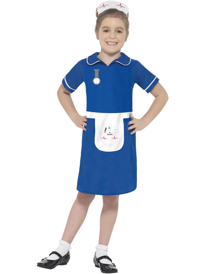Nurse Costume Kids Blue Dress with Printed Watch and Apron and Headpiece