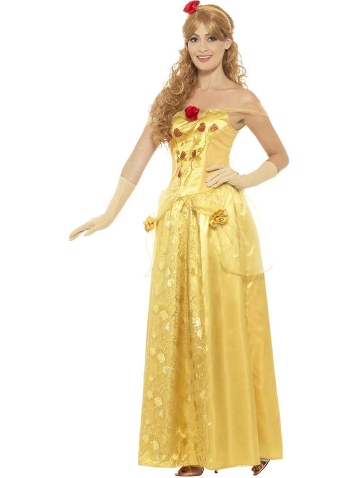 Golden Princess Costume Adult Long Gold Dress Gloves and Headband