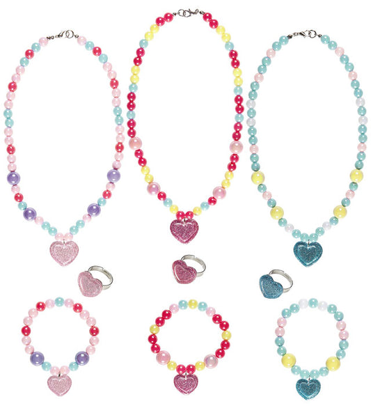 Heart Beaded Necklace, Bracelet & Ring 3 Colors Ass.
