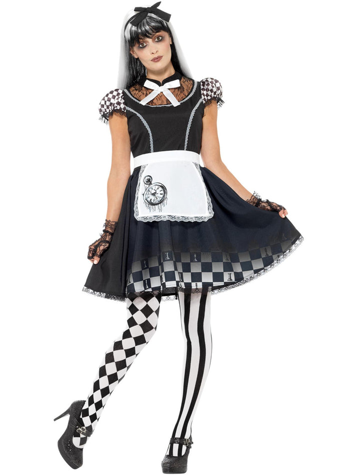 Gothic Alice Costume Adult Black Dress White Apron and Matching Headband