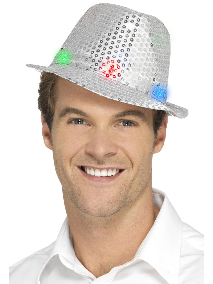 Light Up Sequin Trilby Hat Adult Silver with Multi Function LED Lights