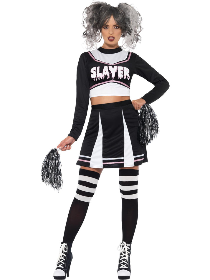 Gothic Cheerleader Costume Adult Black Crop Top Dress and Pom Poms