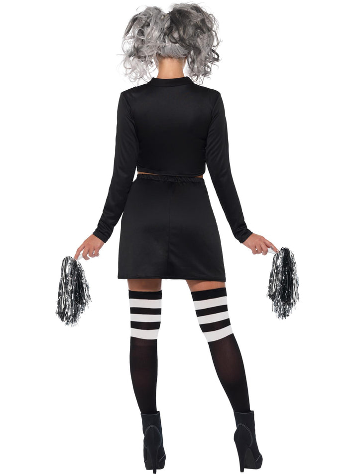 Gothic Cheerleader Costume Adult Black Crop Top Dress and Pom Poms