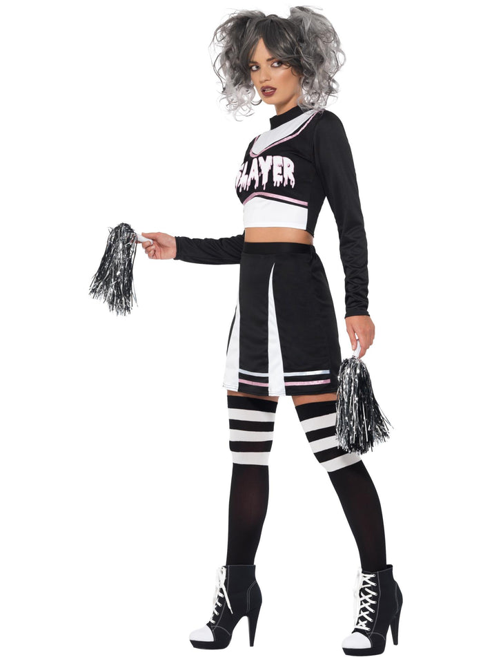 Gothic Cheerleader Costume Adult Black Crop Top Dress and Pom Poms
