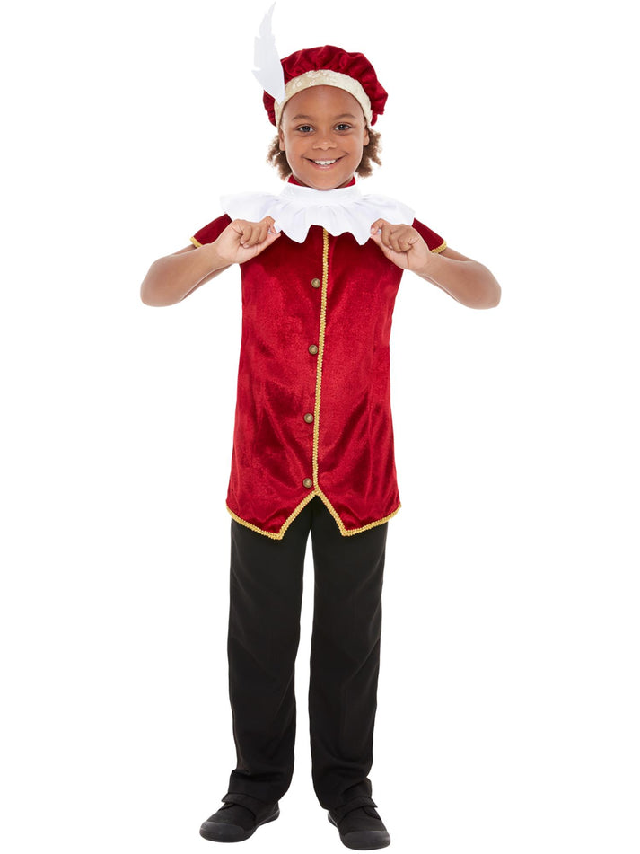 Childs Tudor Kit Red Waistcoat Hat and Neck Ruffle