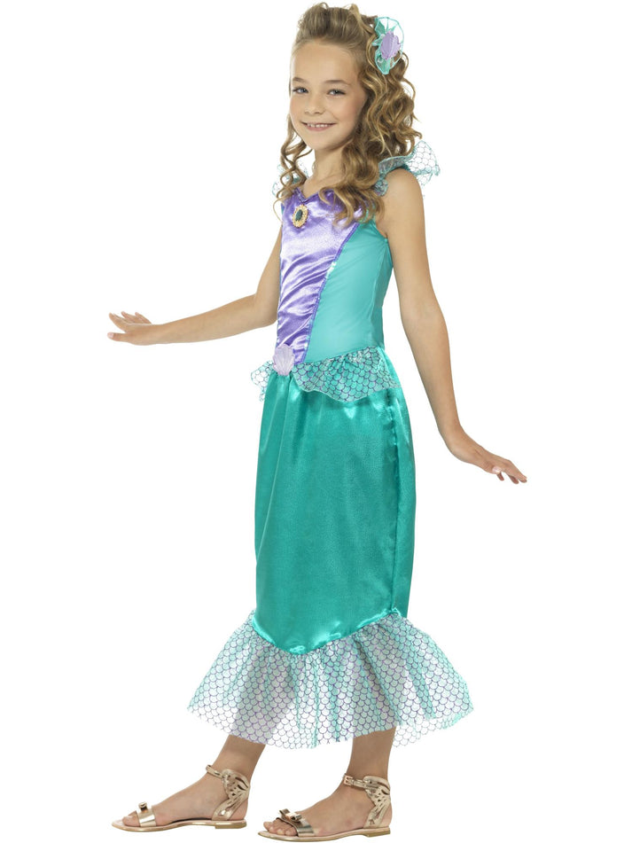 Deluxe Mermaid Costume Kids Green and Purple Dress with Scale Print and Hair Clip