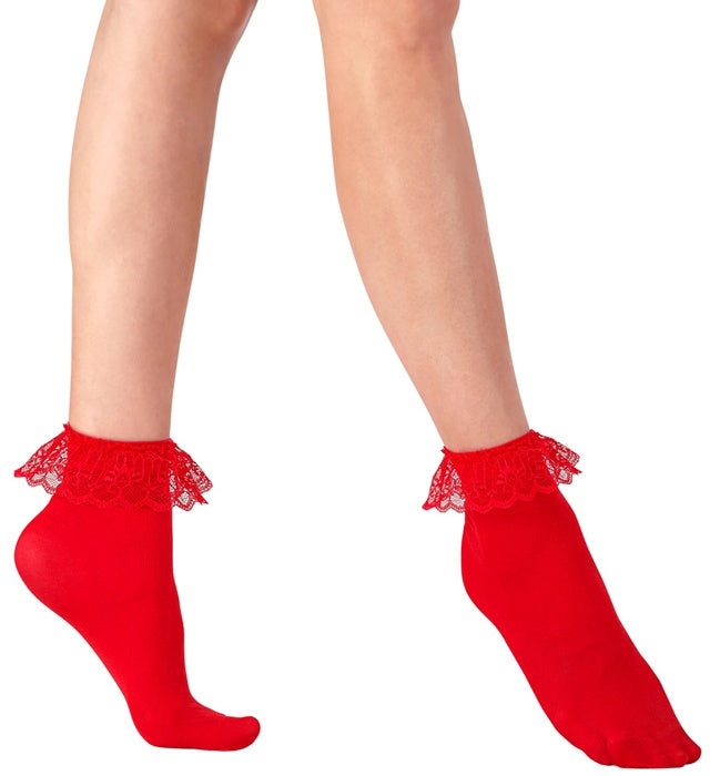 Red Socks With Ruffle Lace Trim 70 Den