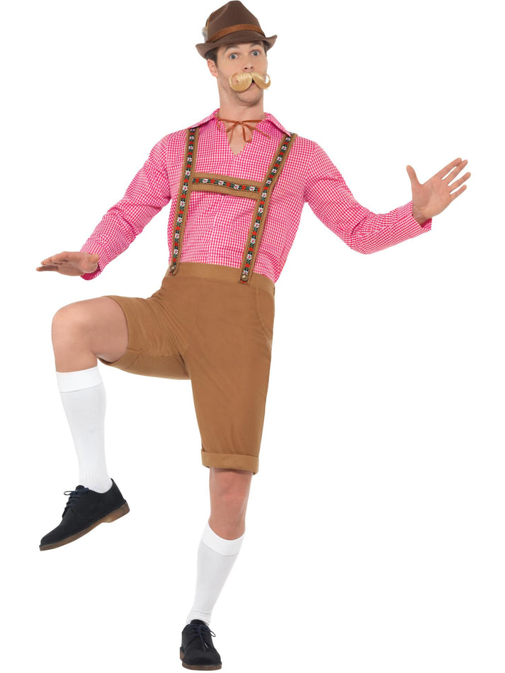 Mr Bavarian Costume Red Checked Shirt and Brown Lederhosen