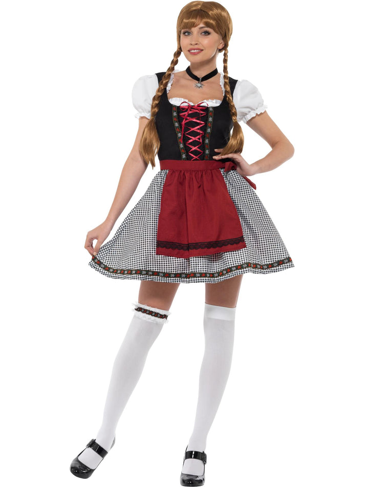 Flirty Froulein Bavarian Costume Black Short Dress Mock Suede Bodice Top and Apron