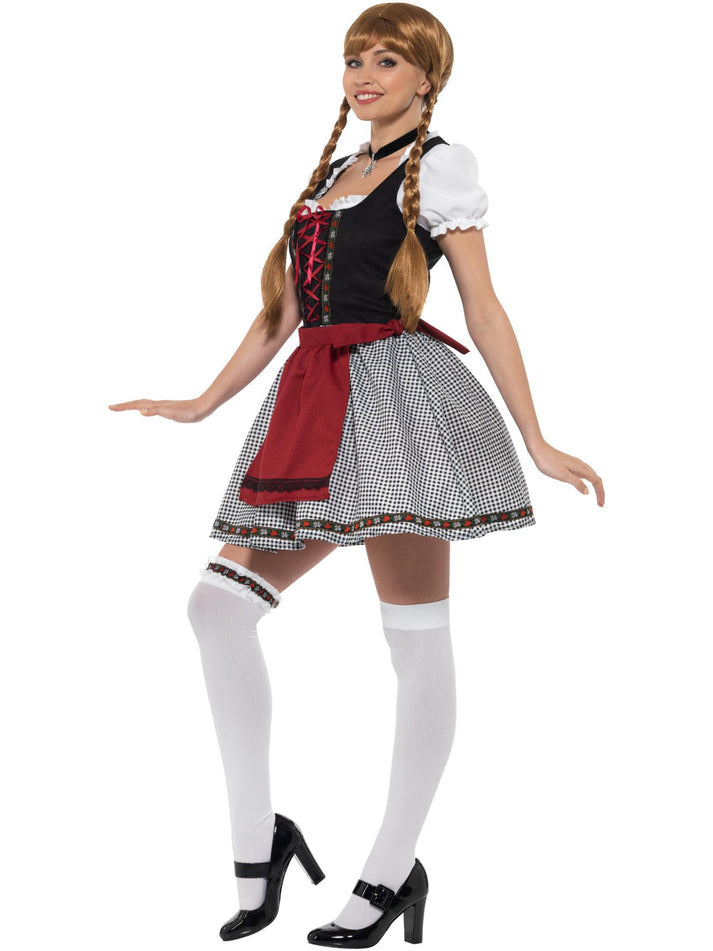 Flirty Froulein Bavarian Costume Black Short Dress Mock Suede Bodice Top and Apron