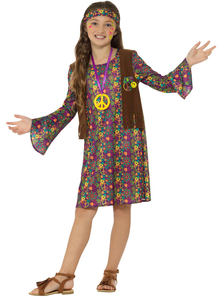 Hippie Girl Costume Child Multi Colured Dress Brown Waistcoat Headband and Medallion