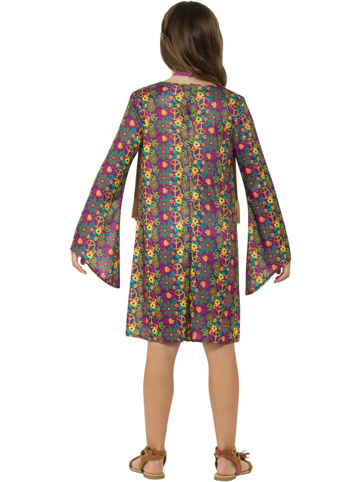 Hippie Girl Costume Child Multi Colured Dress Brown Waistcoat Headband and Medallion