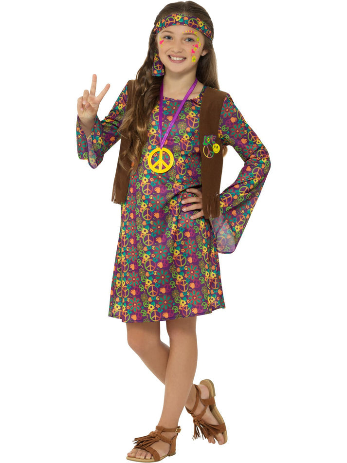 Hippie Girl Costume Child Multi Colured Dress Brown Waistcoat Headband and Medallion