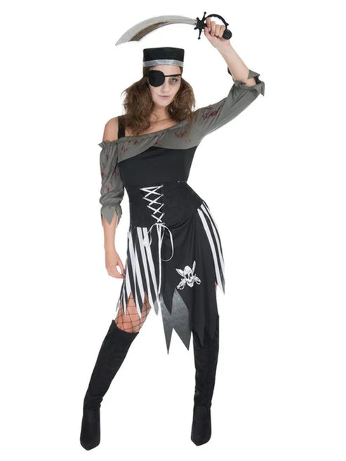 Zombie Pirate Costume Black and White Dress Corset Hat and Eyepatch