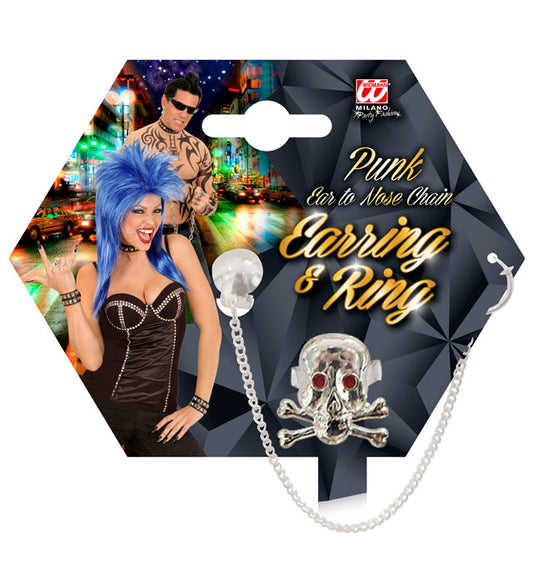 Punk Set Earring With Ear-To-Nose Chain, Skull Ring