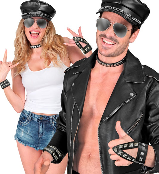 Hard Rock Set Leatherlook Studded Choker, Bracelet, Fingerglove