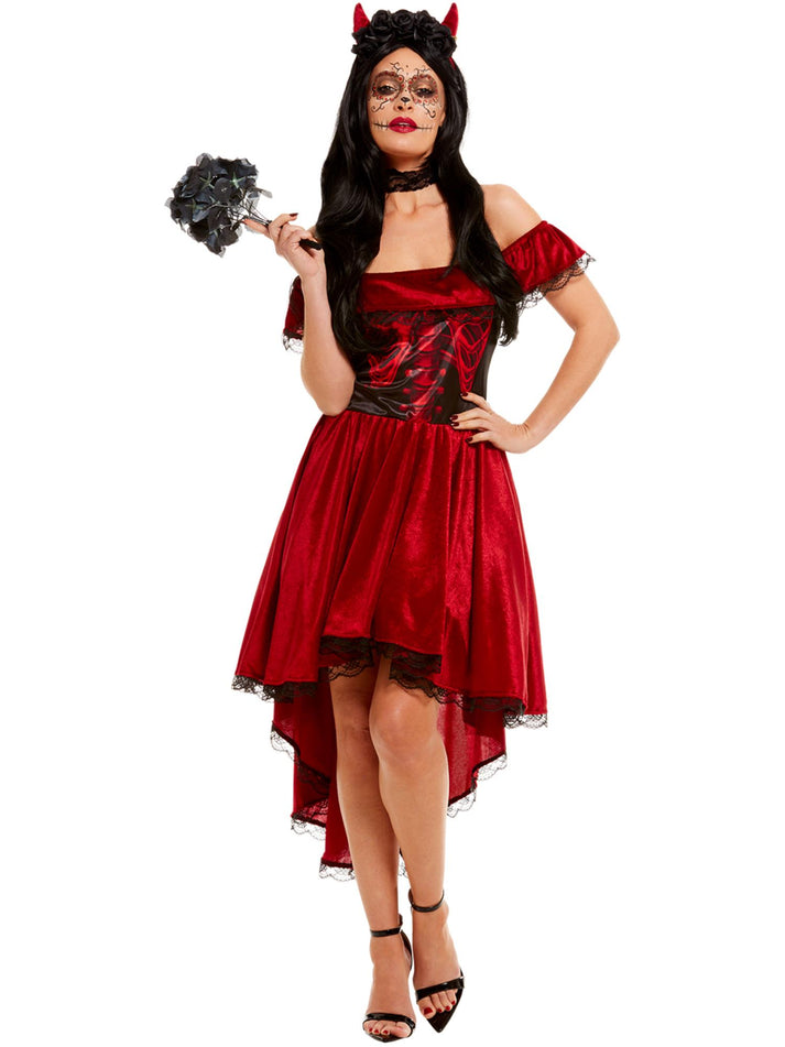 Day Of The Dead Devil Costume Adult Red Dress Black Choker and Devil Horns Headband