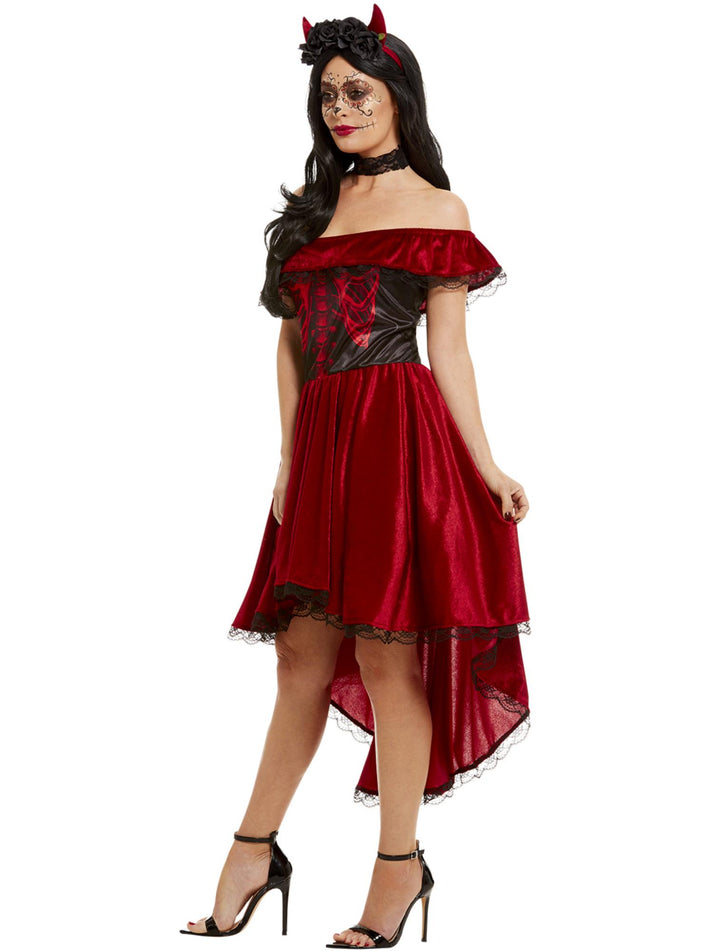 Day Of The Dead Devil Costume Adult Red Dress Black Choker and Devil Horns Headband