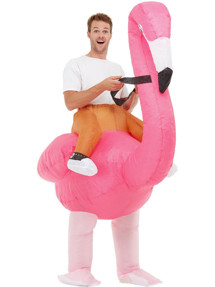 Inflatable Ride Em Flamingo Costume Pink Bodysuit and Self Inflating Fan