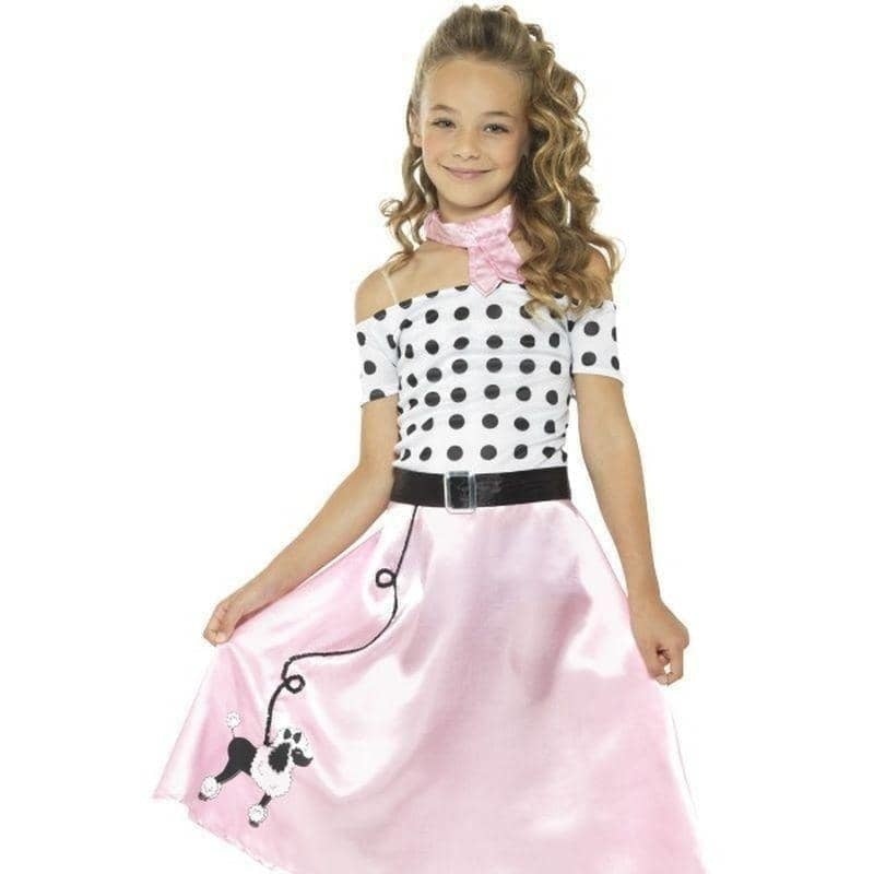 50s Poodle Girl Costume for Kids Pink Dress, Neck Tie Black Belt