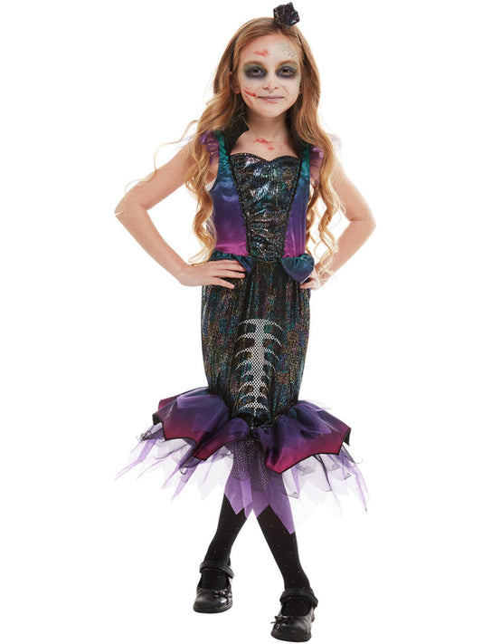 Dark Mermaid Costume Child Purple Fishtail Dress with Skeleton Print and Organza Trim 2