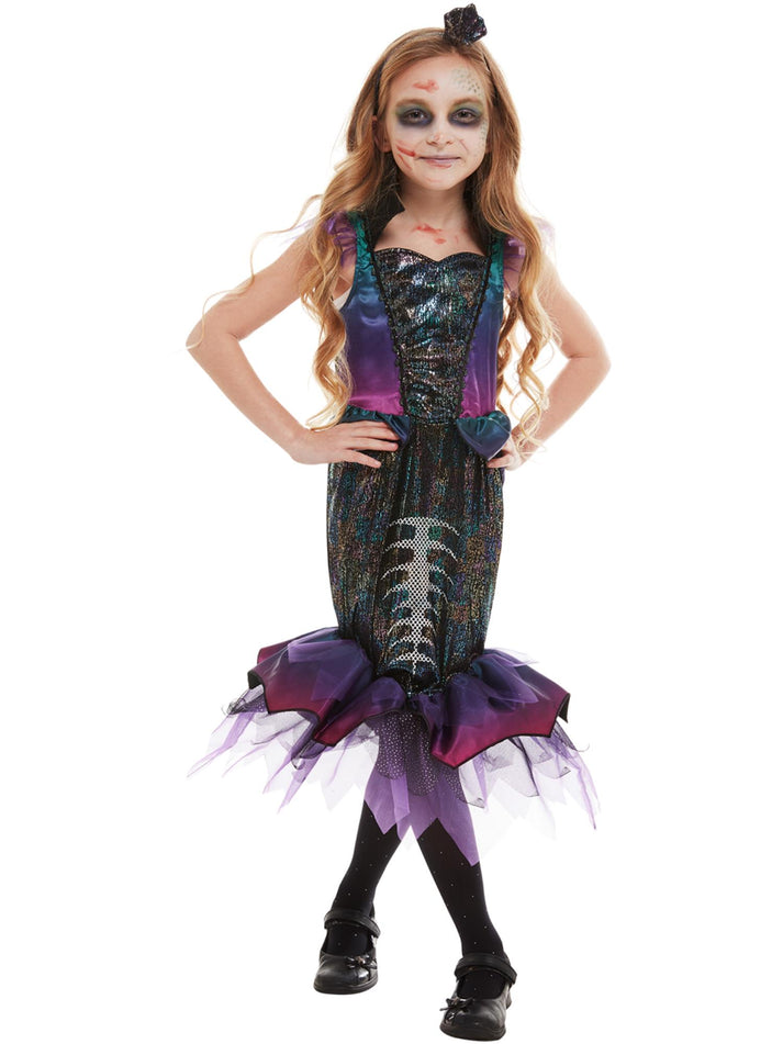 Dark Mermaid Costume Child Purple Fishtail Dress with Skeleton Print and Organza Trim