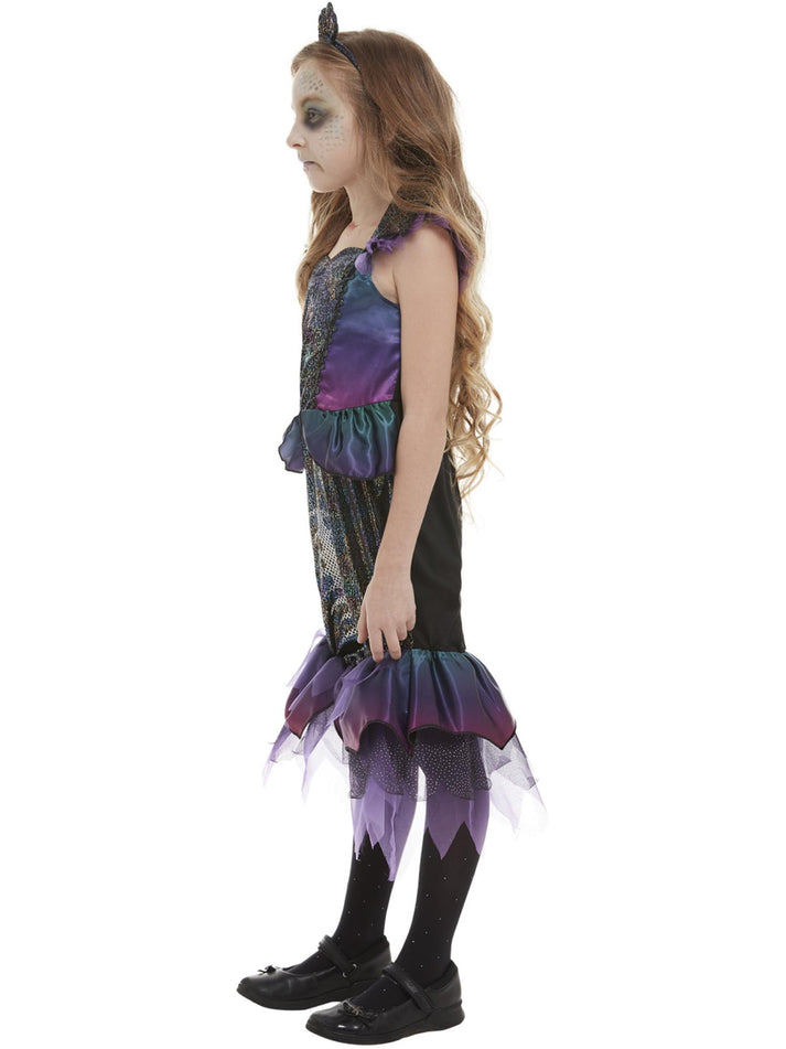 Dark Mermaid Costume Child Purple Fishtail Dress with Skeleton Print and Organza Trim