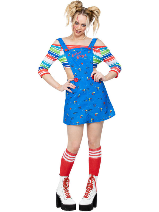 Chucky Costume Ladies Blue Pinafore Mini Dress and Striped Crop Top 2
