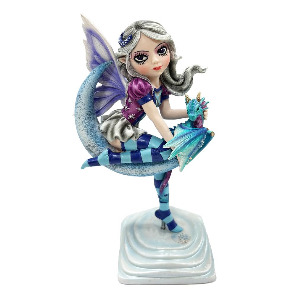 Lunar Fae Fairy Figurine with Dragon on Crescent Moon 20cm